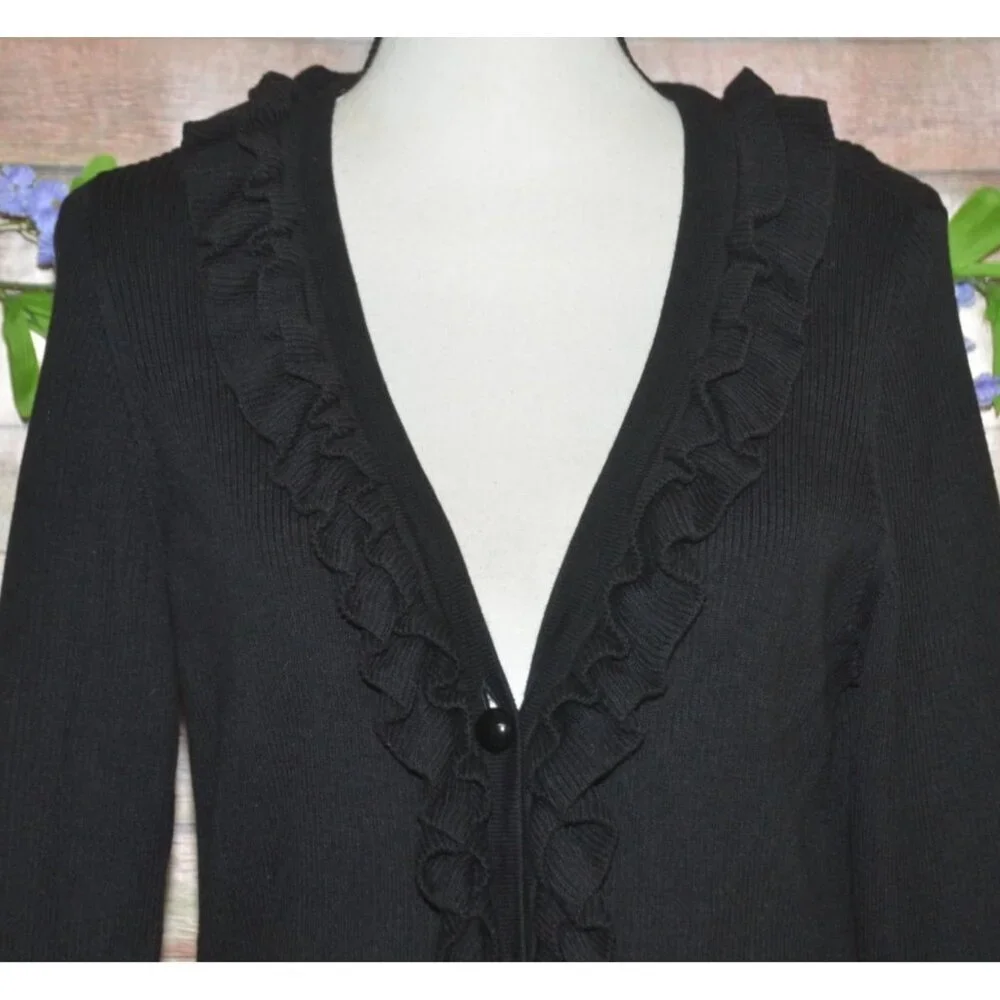 Talbots Black Ruffle Front Button Up V-Neck Ribbed Cardigan Sweater Size L - Picture 2 of 9